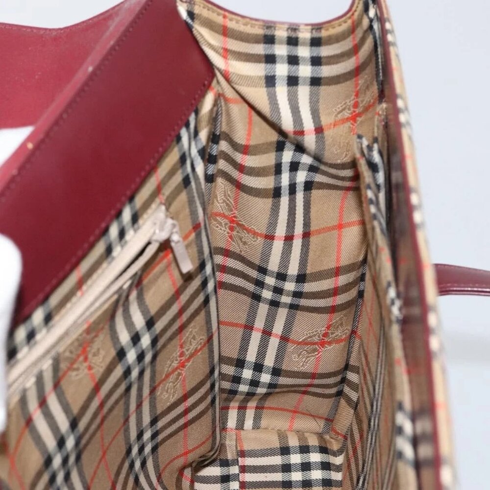 BURBERRY Nova Check Hand Bag Canvas Leather Bordeaux Beige Auth - Picture 13 of 16